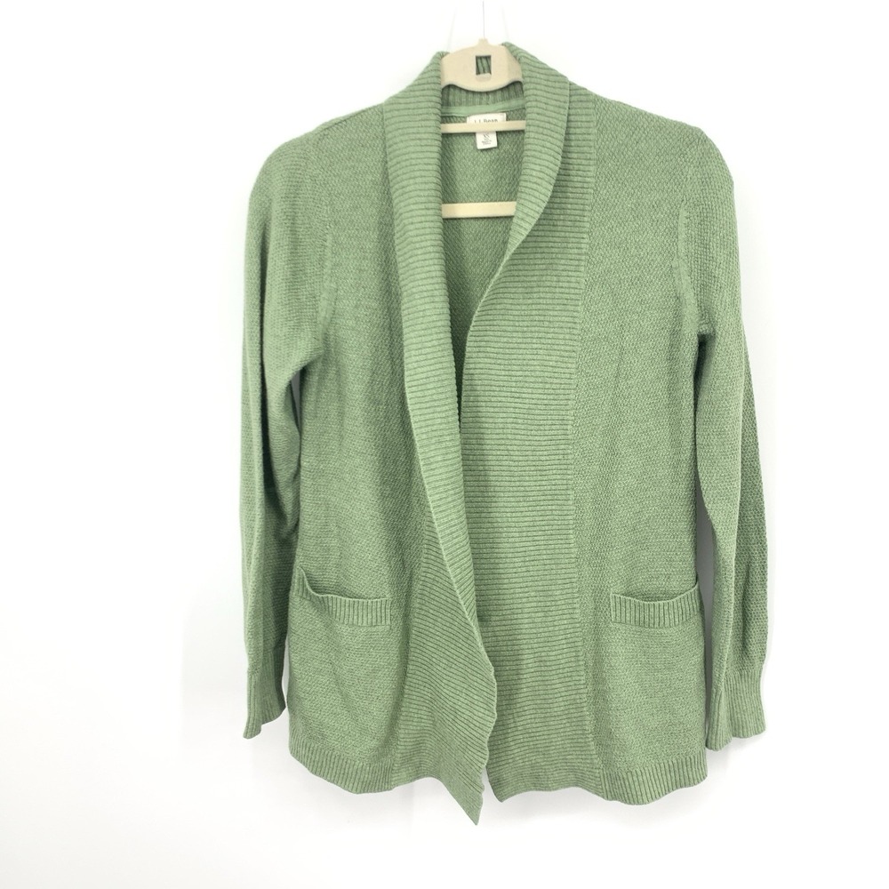 LL Bean Women Size XS Sweater Open Front Cardigan Top Green Cotton Knit Shirt